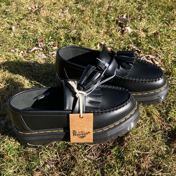 Dr. Martens Adrian Quad Bex Smooth Black Leather Tassel Fringe Platform Loafers - Picture 4 of 17